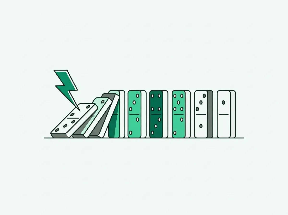 A lightning bolt strikes the first in a line of dominoes, symbolizing a trigger event.