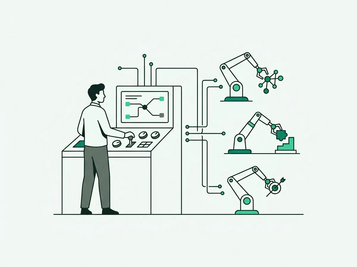 A person at a control panel directs several robotic arms, symbolizing the new role of a GTM Engineer.