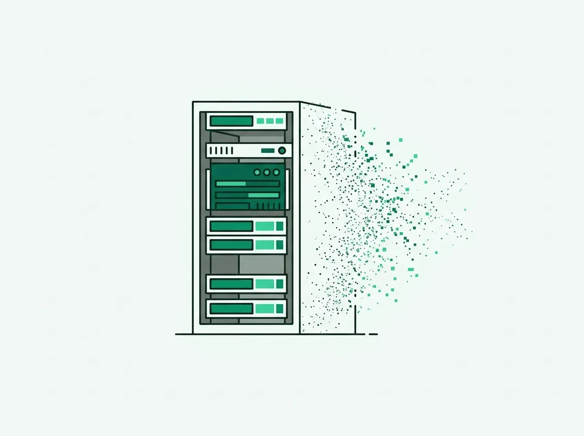 An illustration of a server rack, representing a database, crumbling and dissolving on one side.