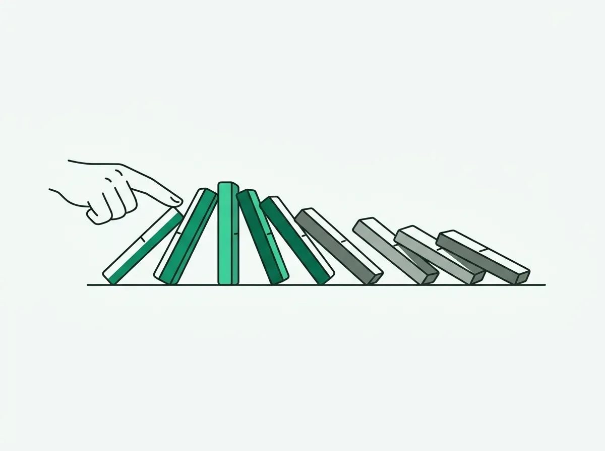 An illustration of a line of dominoes falling in a chain reaction, symbolizing accelerating change.