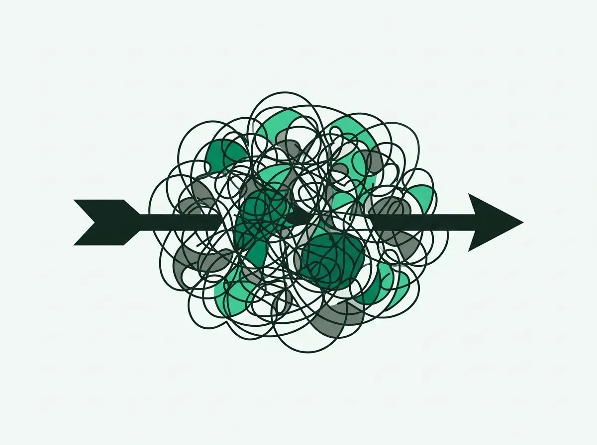 A straight arrow cutting through a chaotic scribble, representing a clear signal emerging from noise.