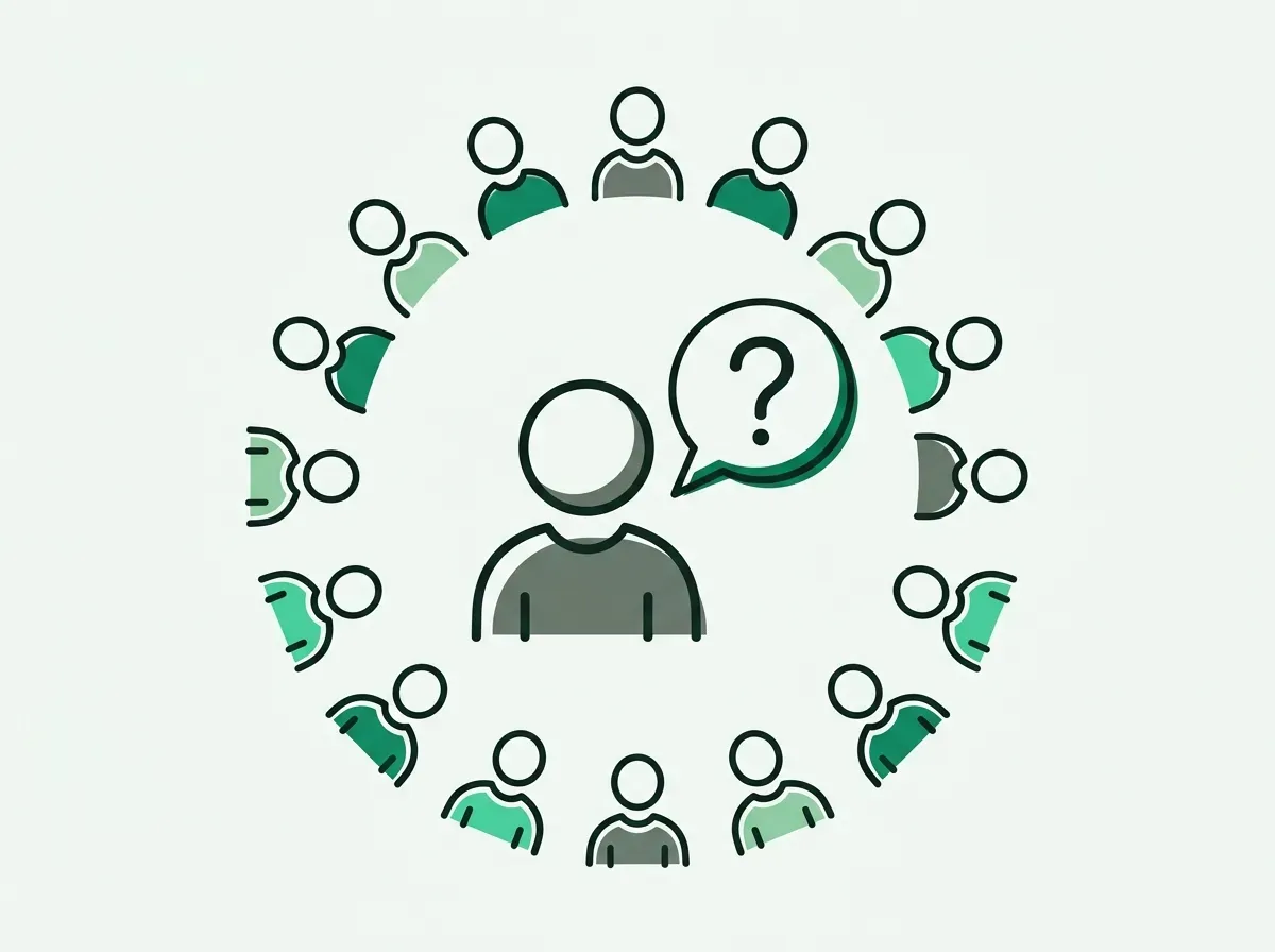 A person with a question mark speech bubble standing in the center of a group of people.