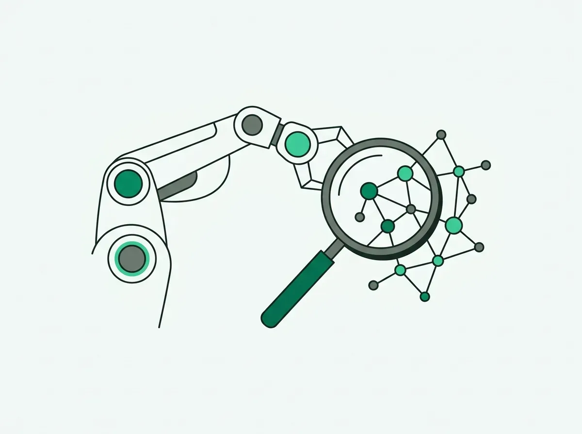 A robotic arm holding a magnifying glass over a network of connected dots, symbolizing automated analysis.