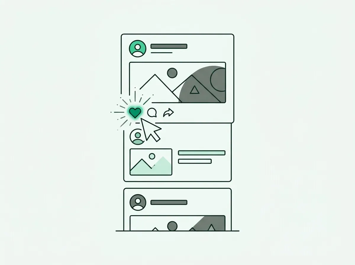 An illustration of a cursor liking a post on a social media feed, representing a real-time engagement signal.