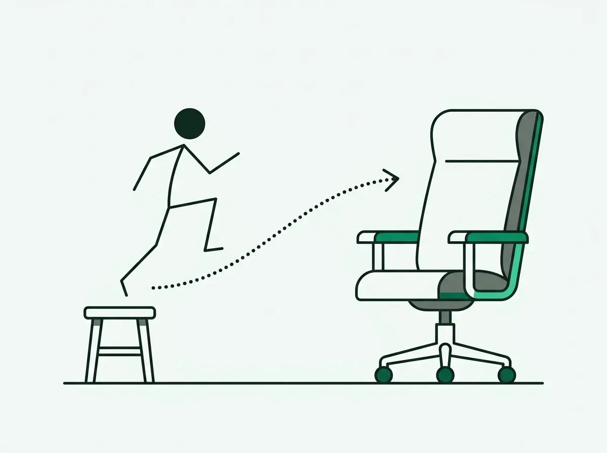 An illustration of a person moving from a small chair to a large executive chair, symbolizing a key job change.