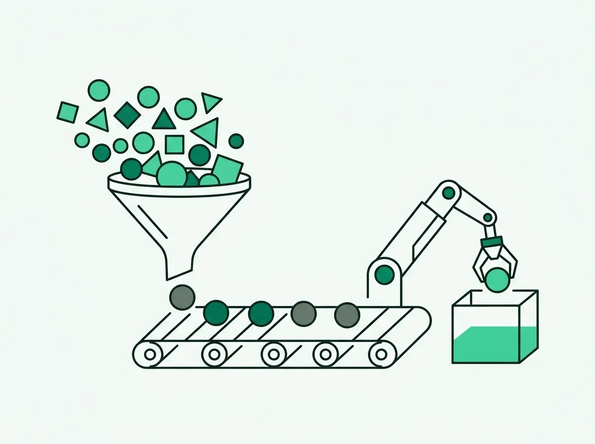 An illustration of a three-step workflow: a funnel filters shapes, a conveyor moves them, and a robotic arm selects one.