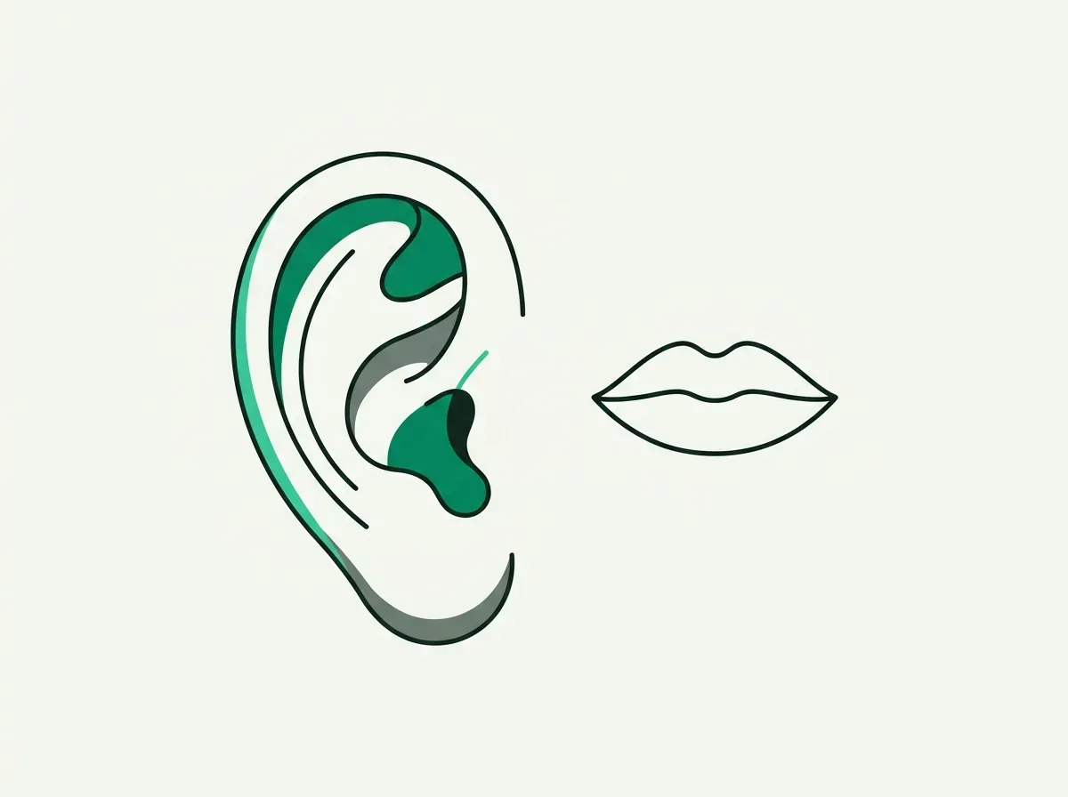 An illustration of a very large ear next to a very small, closed mouth, symbolizing the importance of listening over selling.