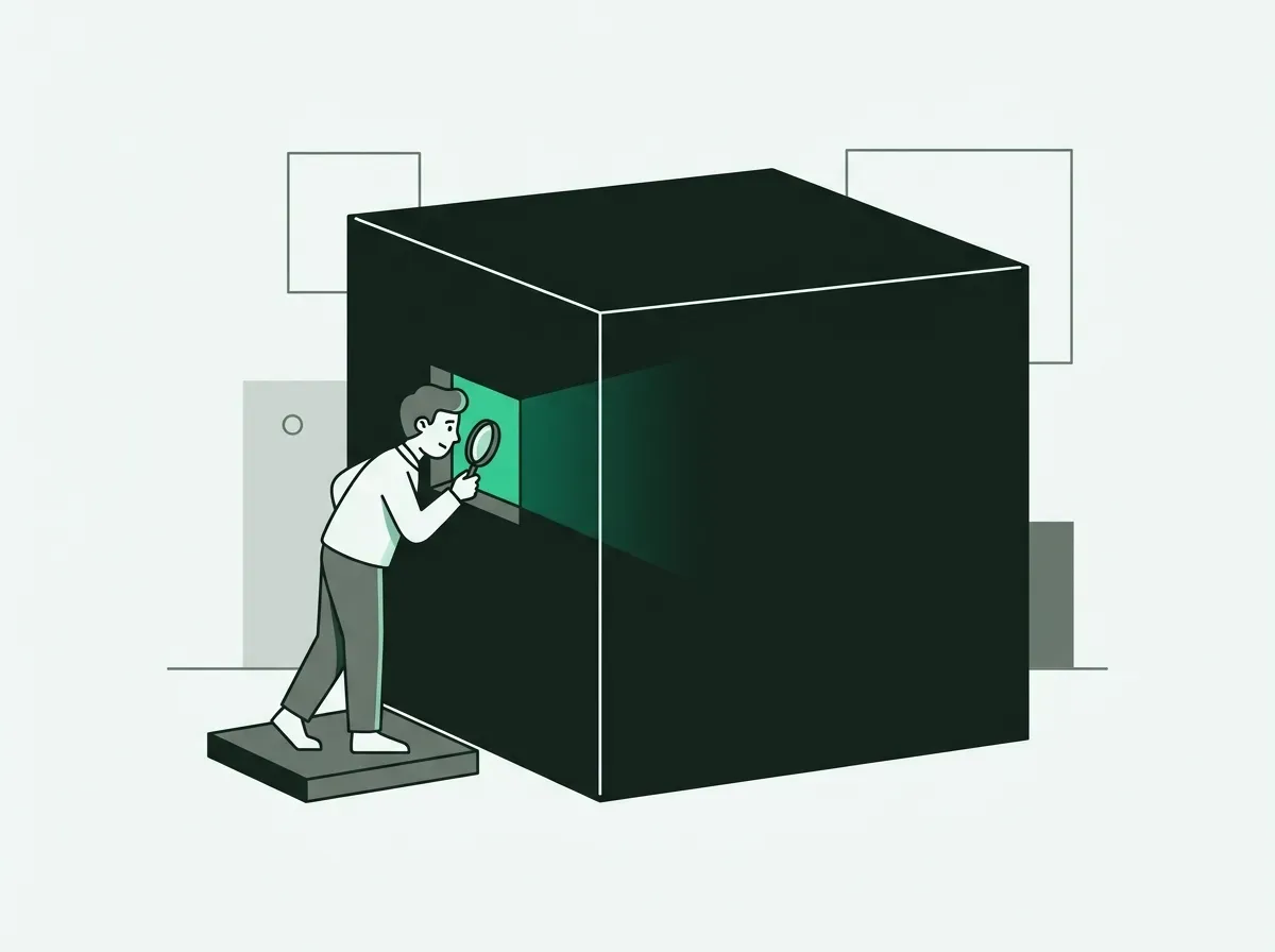 An illustration of a person trying to look inside a mysterious black box, representing opaque intent data.