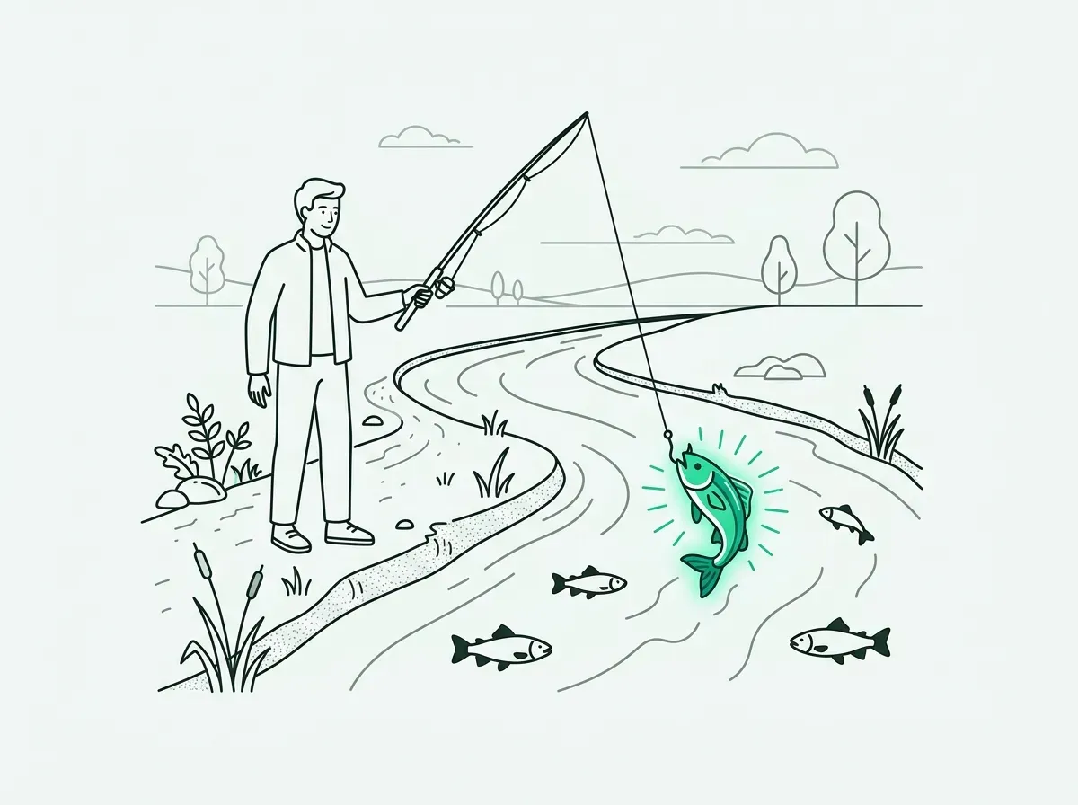 An illustration of a person fishing and catching a unique, glowing fish, symbolizing finding a proprietary signal.
