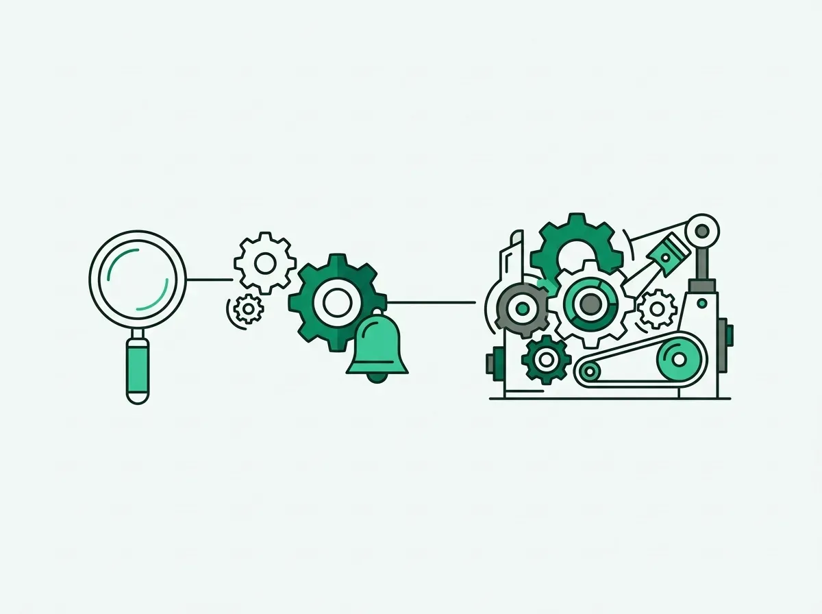An illustration showing a progression from a magnifying glass to a simple gear to a complex machine, representing tool levels.