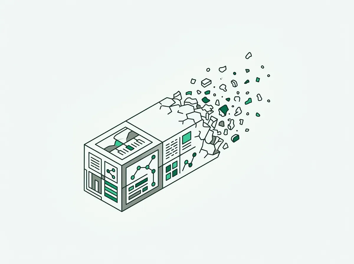 An illustration of a solid block representing data, with one side crumbling away to show data decay over time.