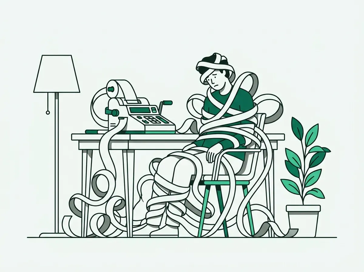 An illustration of a person at a desk tangled in paper tape, representing frustrating manual processes.