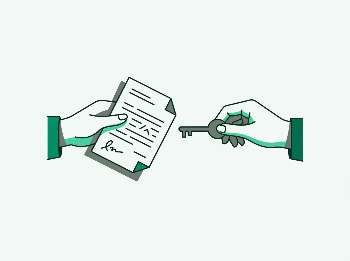 An illustration of one hand exchanging a document for a key held by another hand, representing a give-to-get agreement.