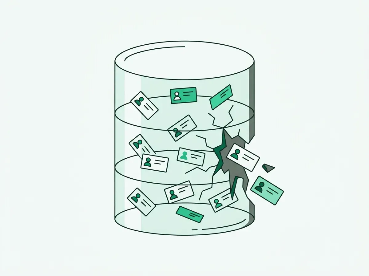An illustration of a cracked database server with contact cards leaking out, symbolizing a data breach.