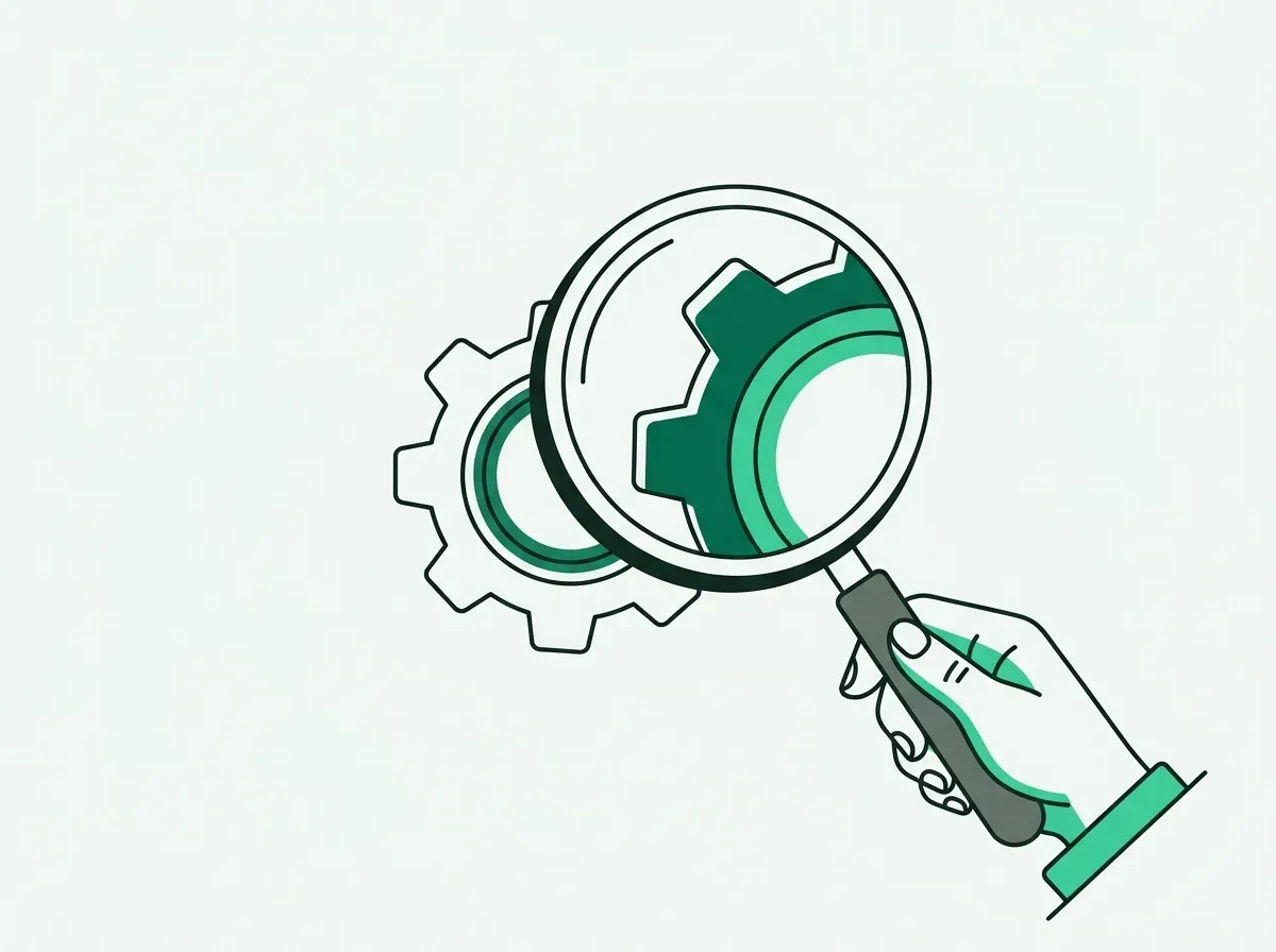 An illustration of a magnifying glass closely inspecting a settings cog, symbolizing an audit of software tools.