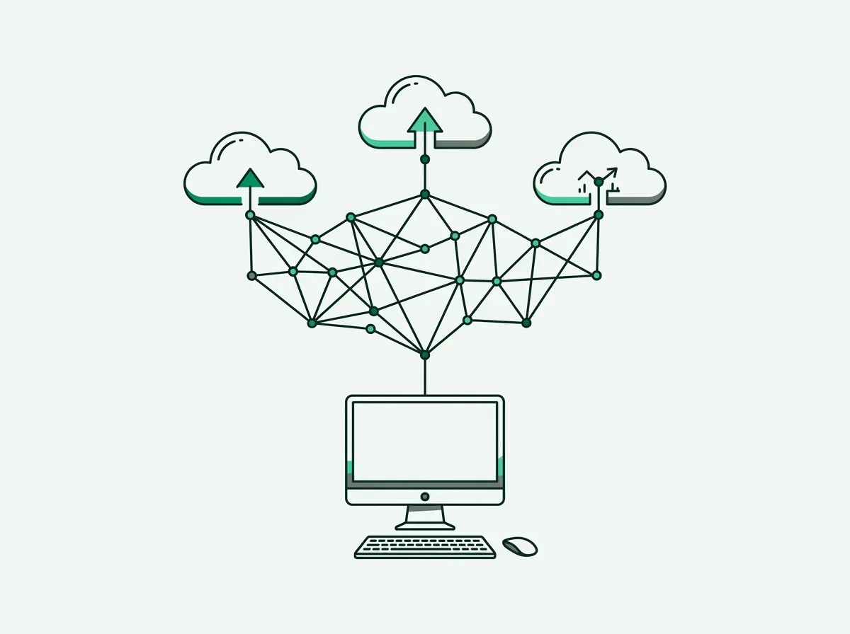 Illustration of a computer connected to a complex web of cloud services, representing data processor risk.