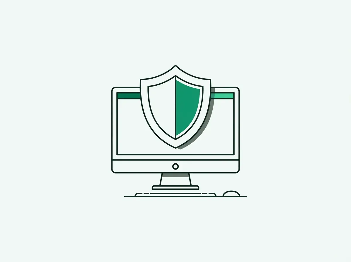 Illustration of a desktop computer protected by a large shield, symbolizing local-first data processing.