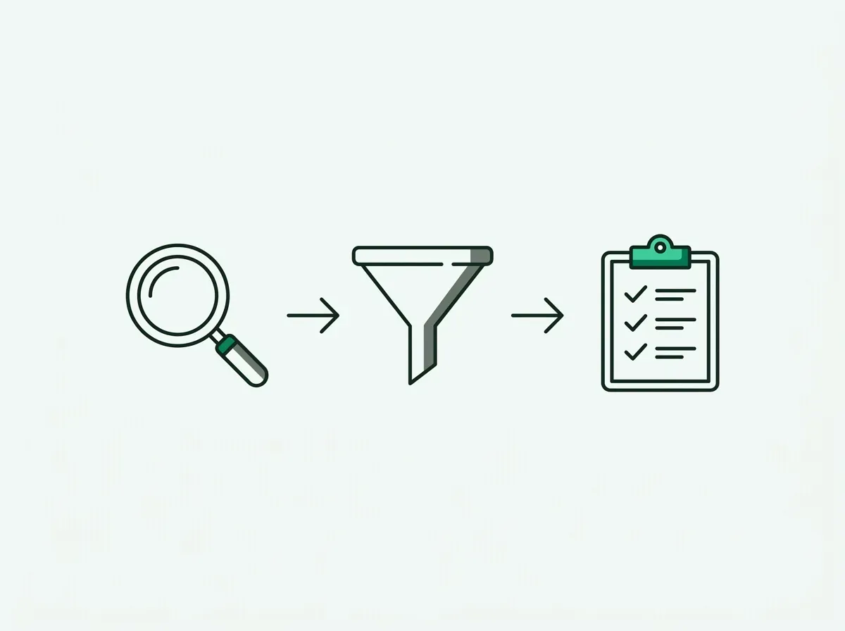 A workflow diagram showing icons for research, qualification, and assessment, representing a compliant process.