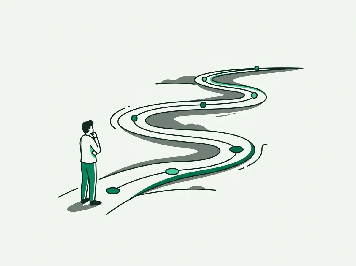 An illustration of a person at the start of a long, winding path, representing the slow process of serial research.