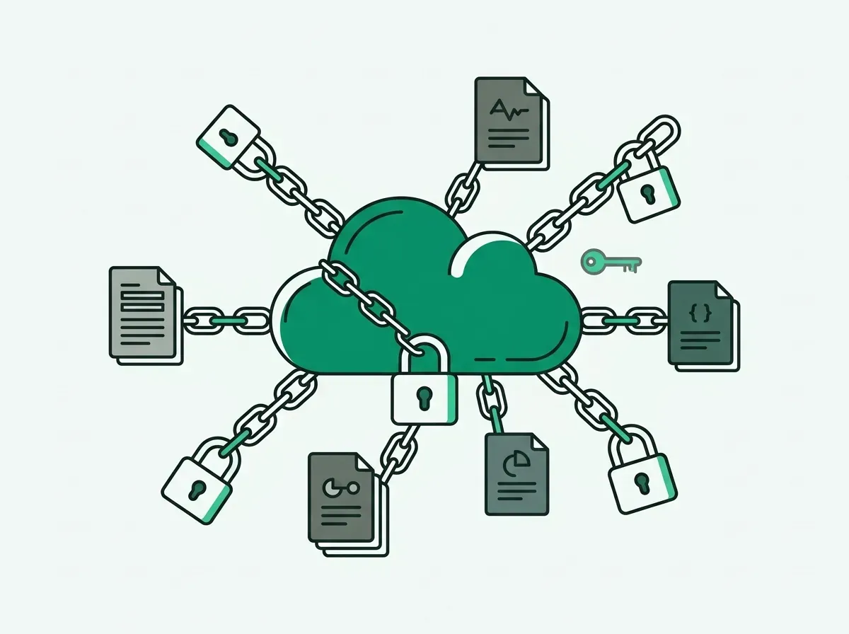 An illustration of a central cloud with chains and padlocks connecting to documents, representing the risks of cloud data.