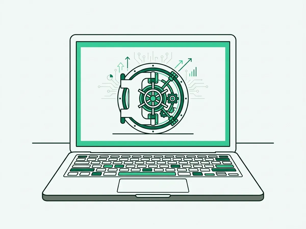 An illustration of a laptop with a secure vault icon on its screen, symbolizing local-first software and data privacy.