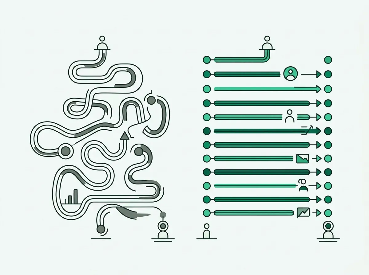 An illustration comparing a single winding path to ten direct parallel paths, symbolizing serial vs. parallel prospecting.
