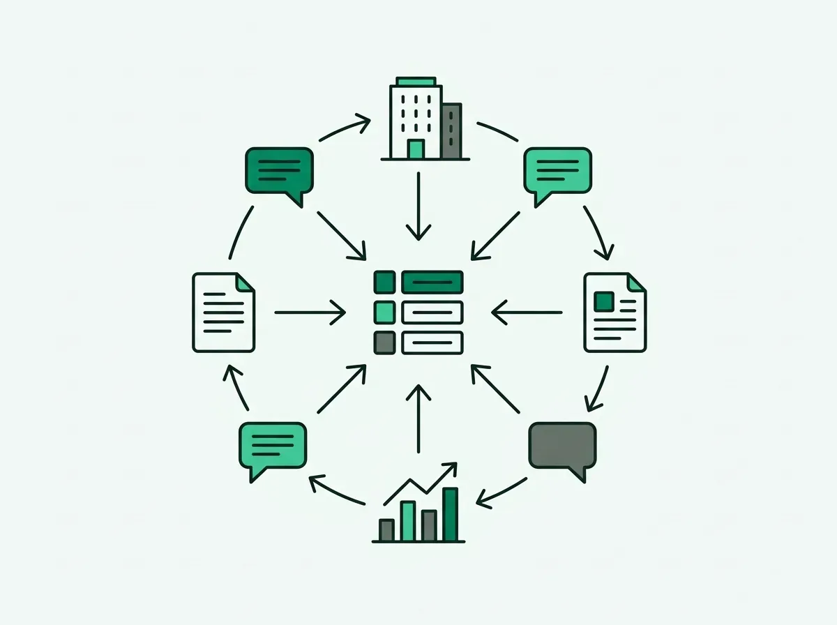 An illustration showing various data sources like company info and social media all feeding into one consolidated list.