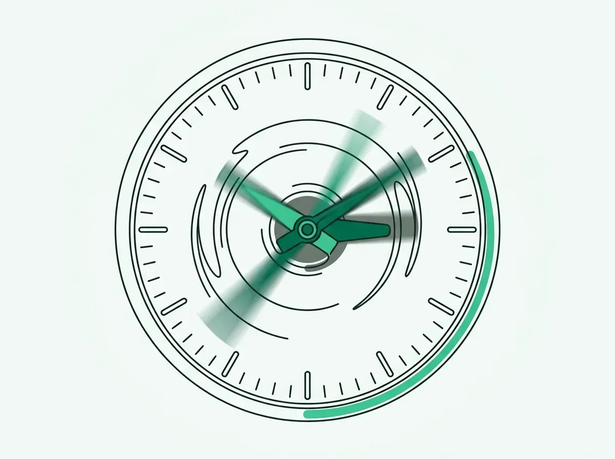 An illustration of a clock with its hands spinning quickly, representing wasted time on manual work.