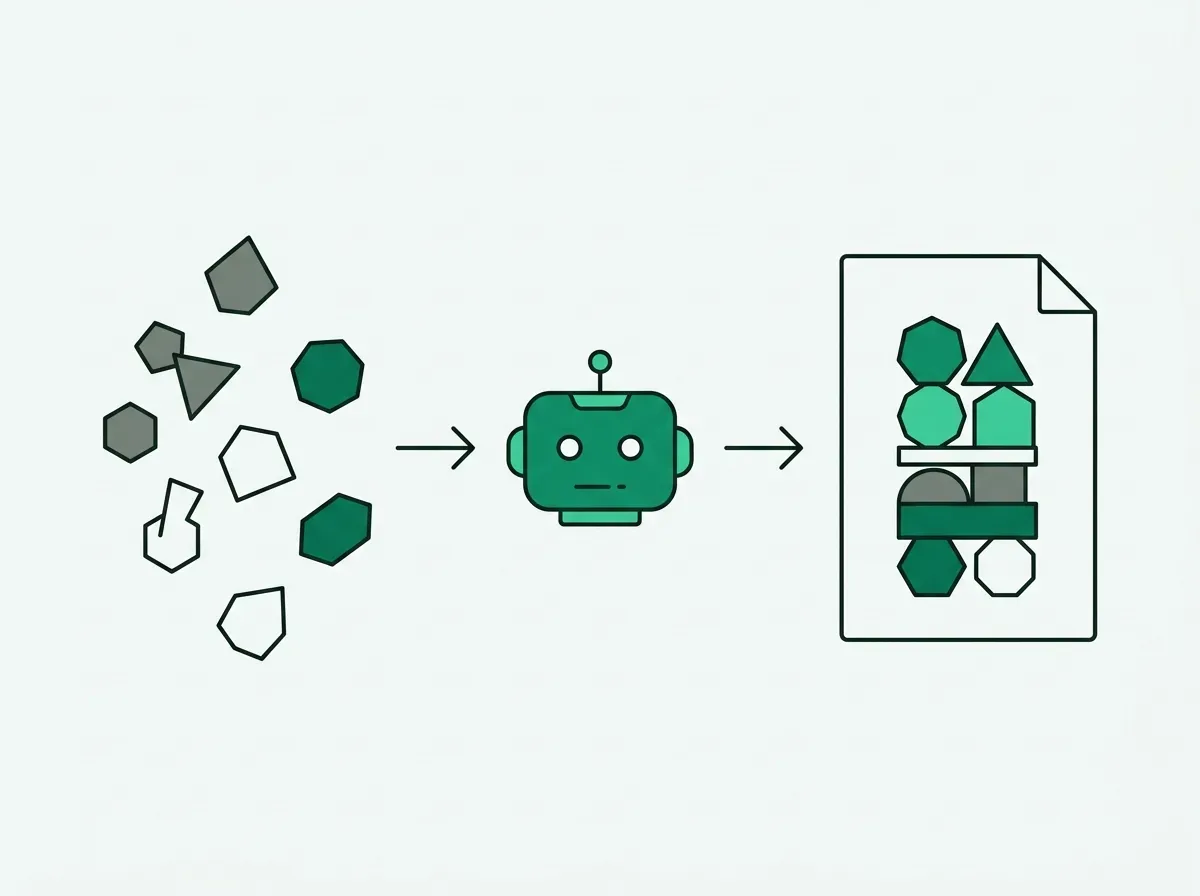 An illustration showing an AI agent organizing scattered data points into a structured document.