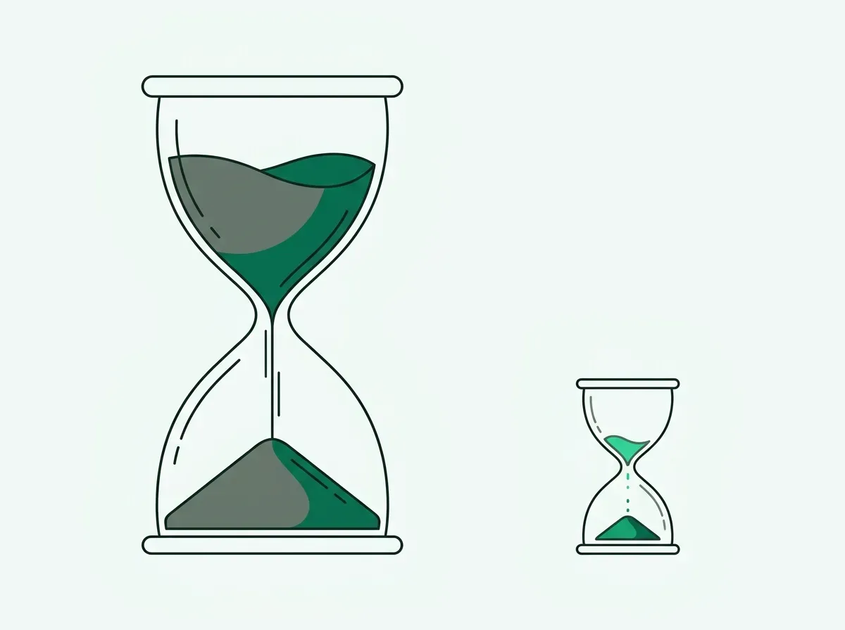 An illustration comparing a large hourglass (hours) to a small hourglass (minutes), showing time saved.