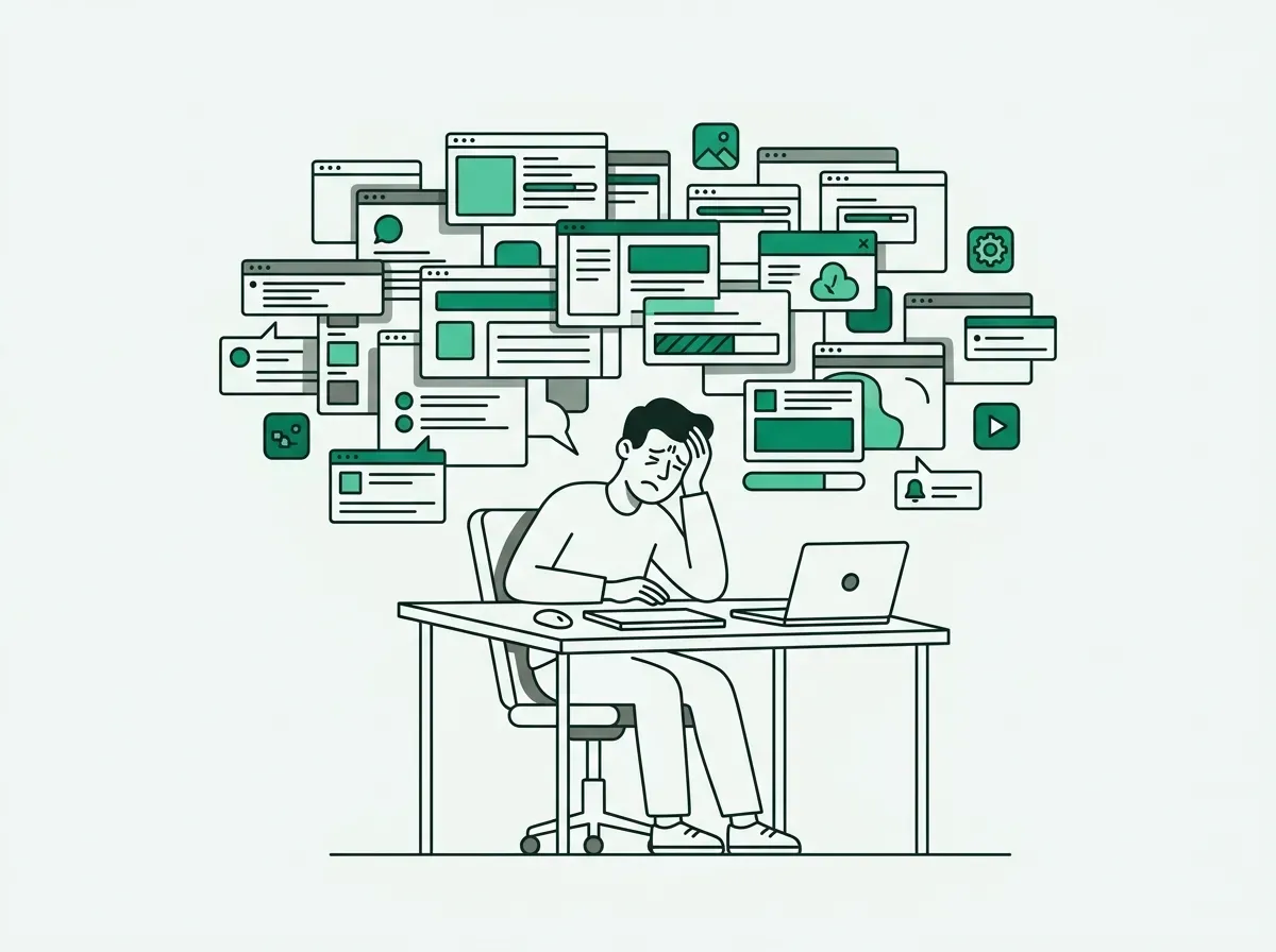 A person at a desk is overwhelmed by a chaotic jumble of digital windows and icons, representing tool overload.