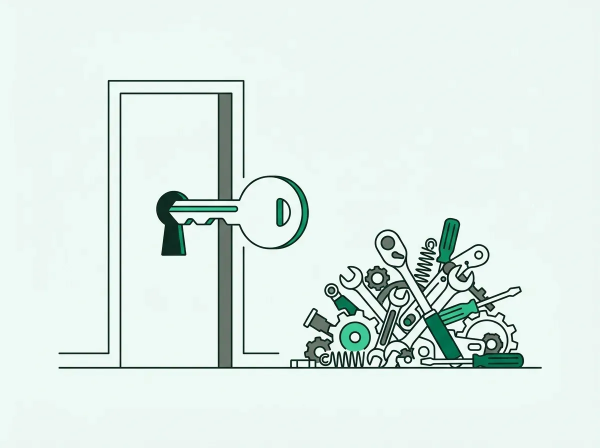 A simple key fits a lock perfectly, while a pile of complex tools lies unused, symbolizing focusing on the right job.