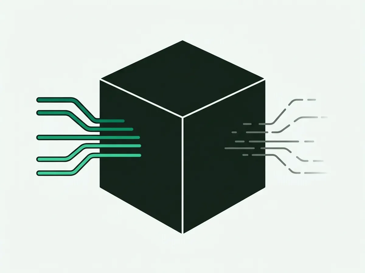 An illustration of data streams entering a black box and coming out decayed, representing opaque data vendors.