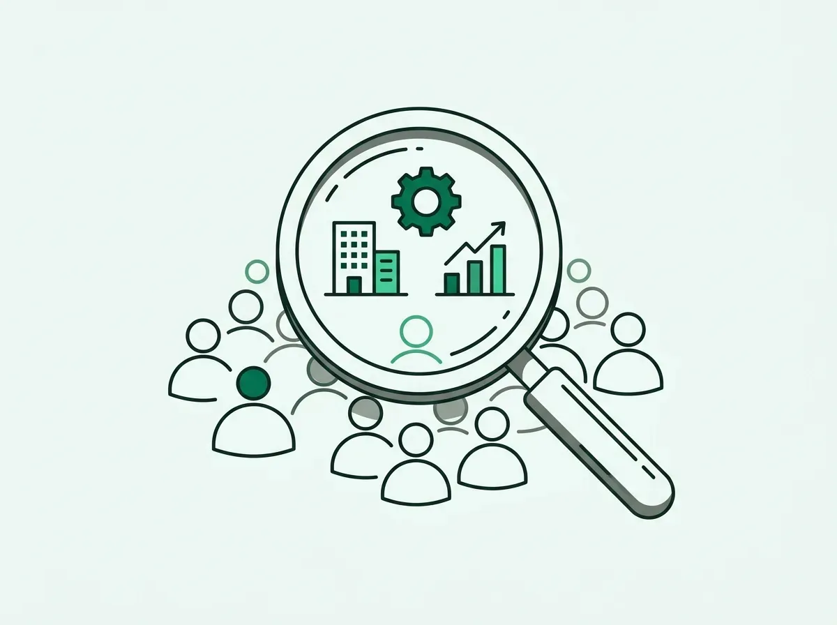 A magnifying glass focuses on common attributes like firmographics and technographics of a group of customers.