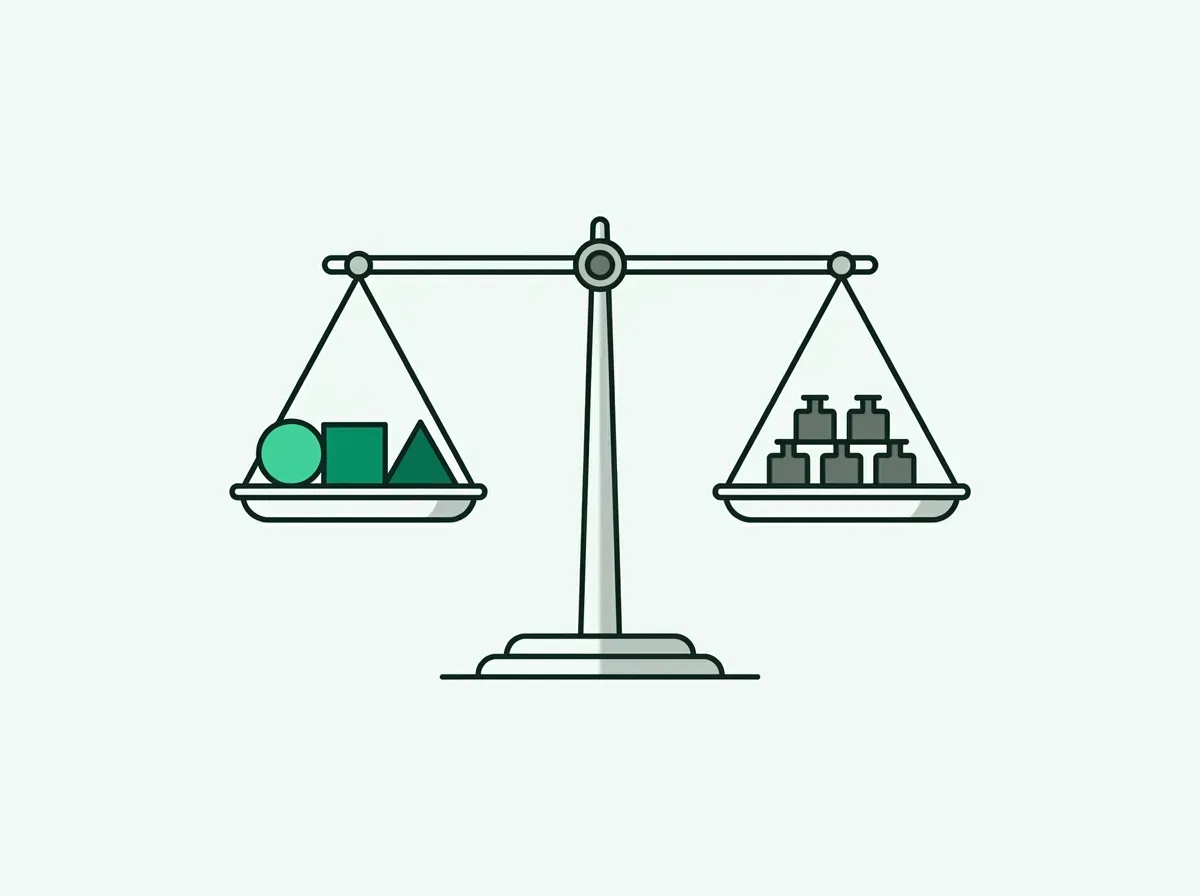 A balancing scale weighs abstract shapes against uniform weights, representing a weighted scoring model for different attributes.
