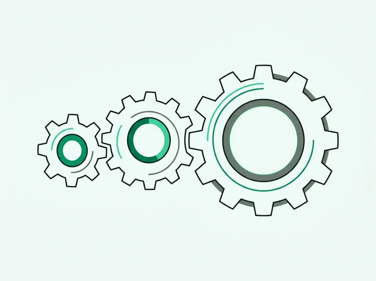 An illustration of three interlocking gears getting progressively larger, symbolizing compounding systems.