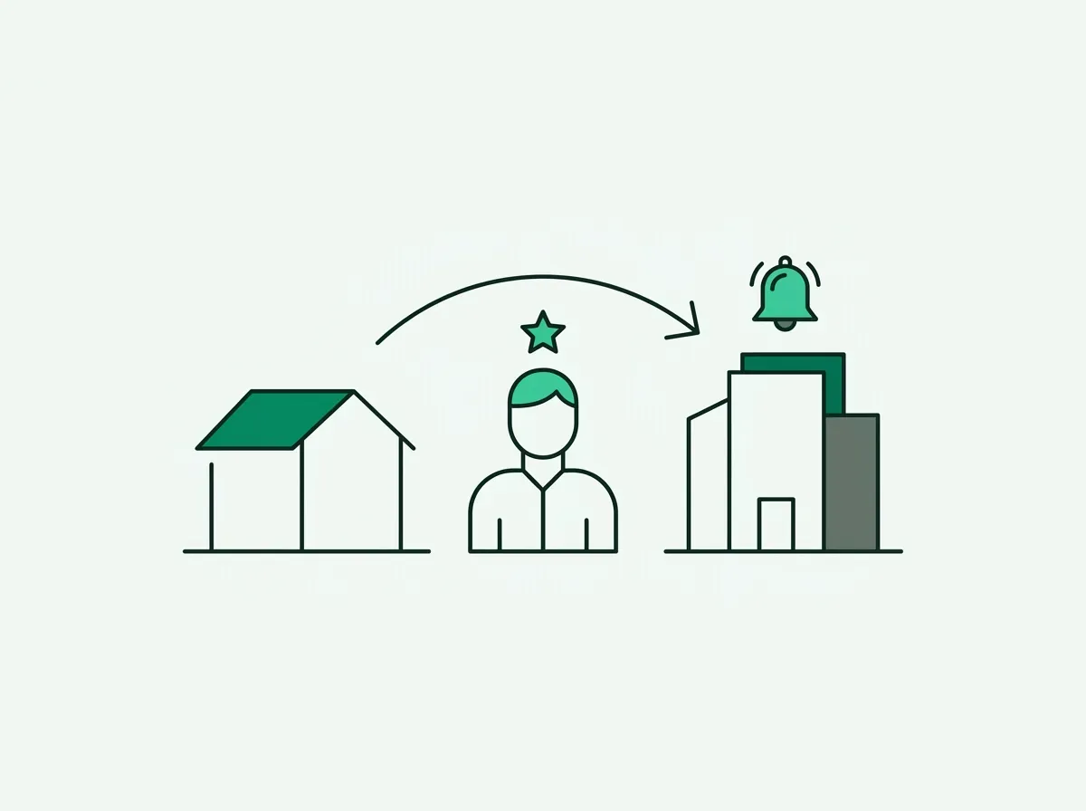 An icon of a person moving from one company building to another, triggering an alert for a champion job change.
