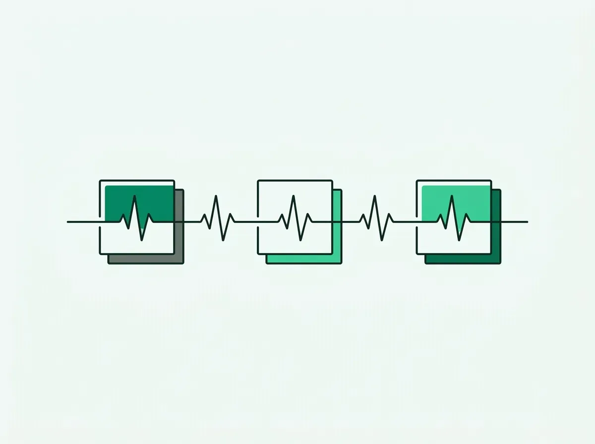 An illustration of three blocks connected by a line with a healthy heartbeat pulse, representing GTM stack health monitoring.