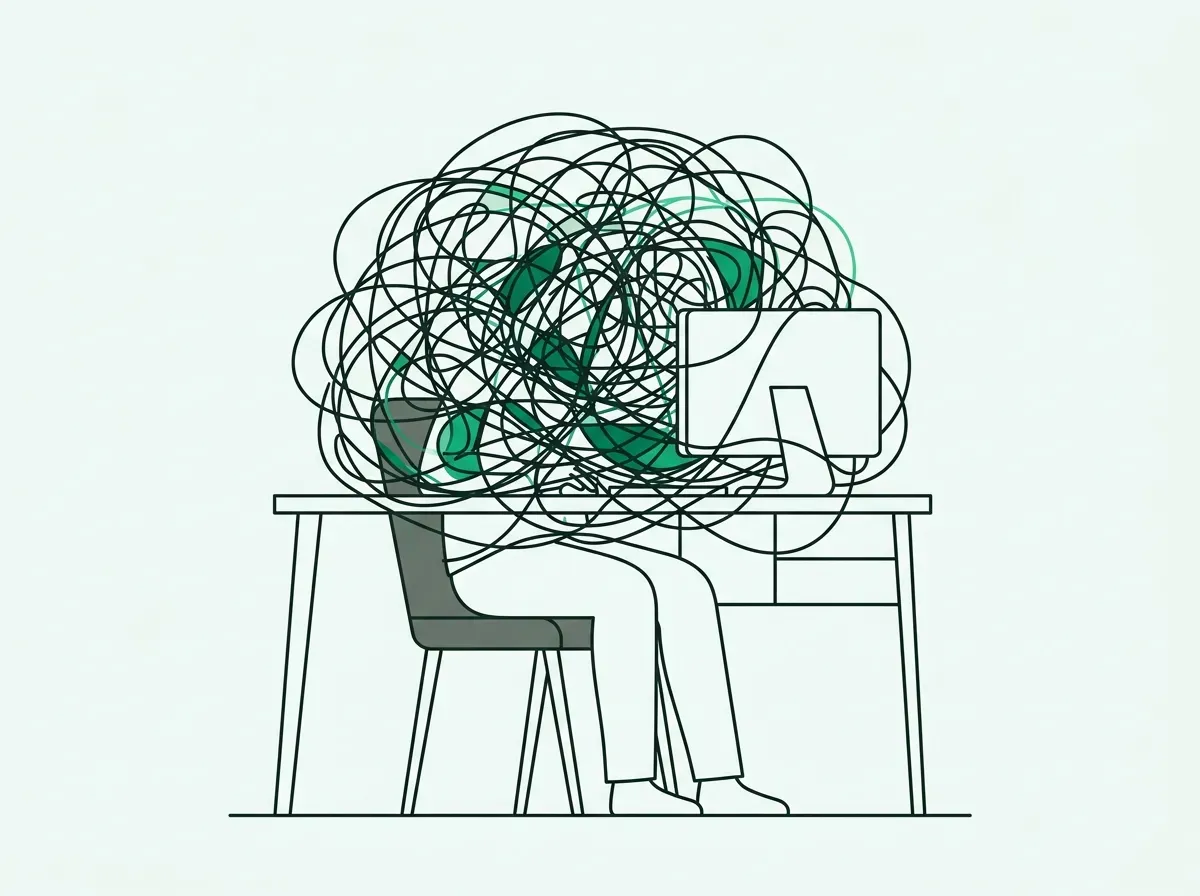 An illustration of a person at a desk tangled in thread, representing the problem of manual prospecting.