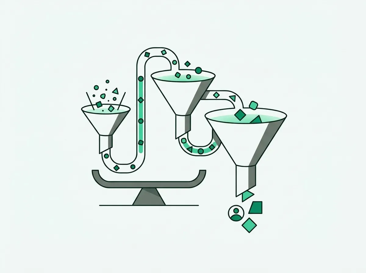 An illustration of interconnected funnels, symbolizing a system for compounding insight.