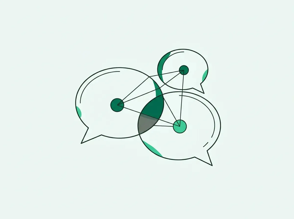 Line art of three interconnected speech bubbles, representing an online community.