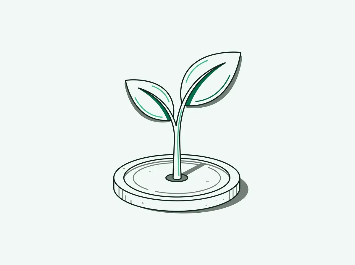 Line art of a small plant sprout growing from a coin, symbolizing financial growth.