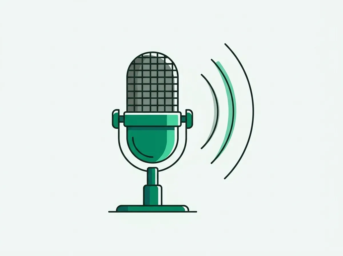 Line art of a microphone with sound waves coming out of it, representing a podcast.