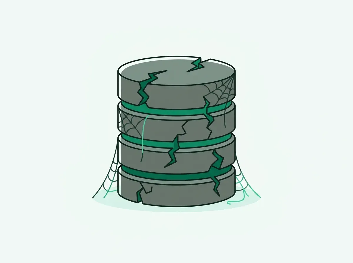 An icon of a database cylinder with cracks and cobwebs, representing stale data.