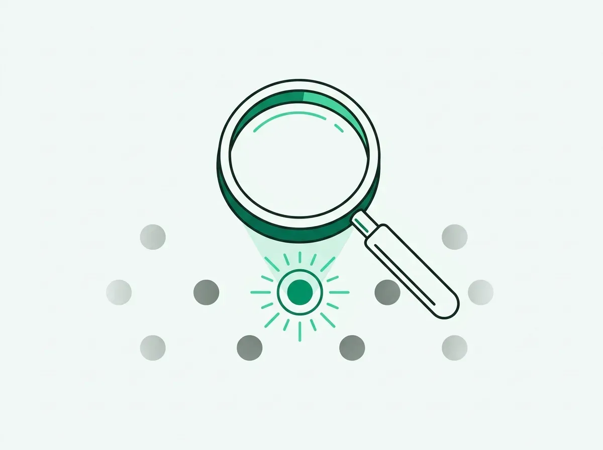 A magnifying glass focuses on a single bright data point, while other data points are faded out.