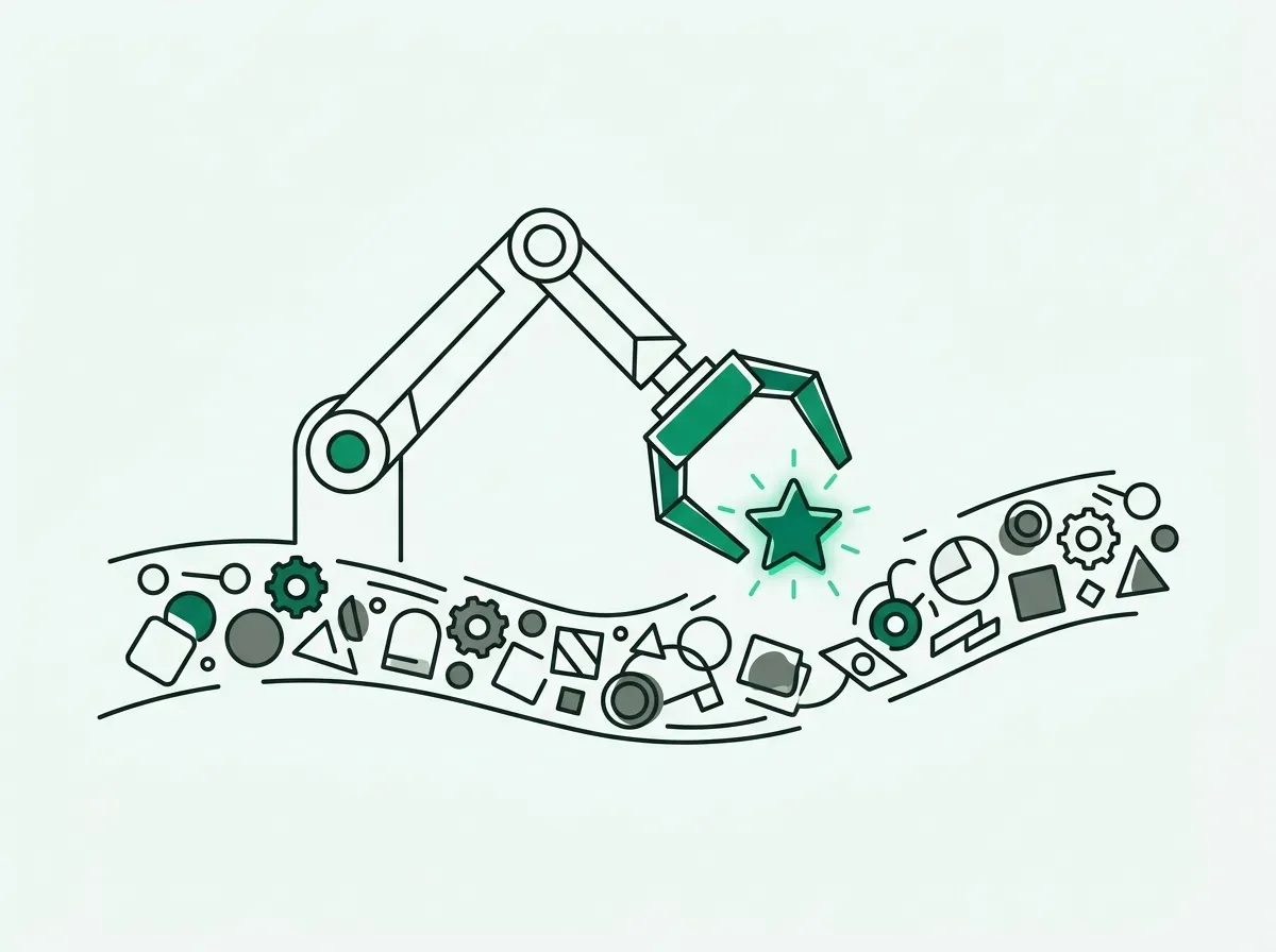 A robot arm picks a single glowing item from a fast-moving stream, symbolizing AI-powered research.