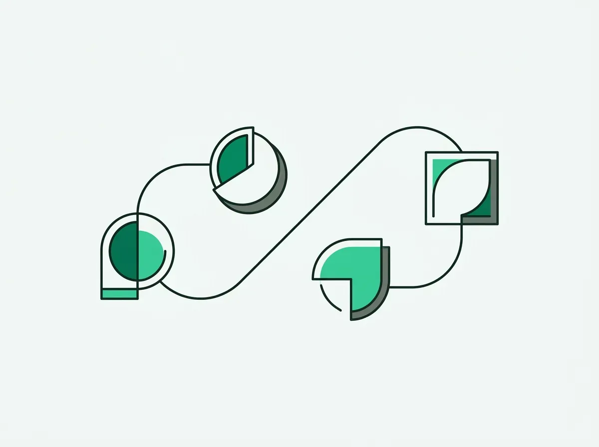 Four abstract shapes connected by a single line, representing a minimal and integrated technology stack.