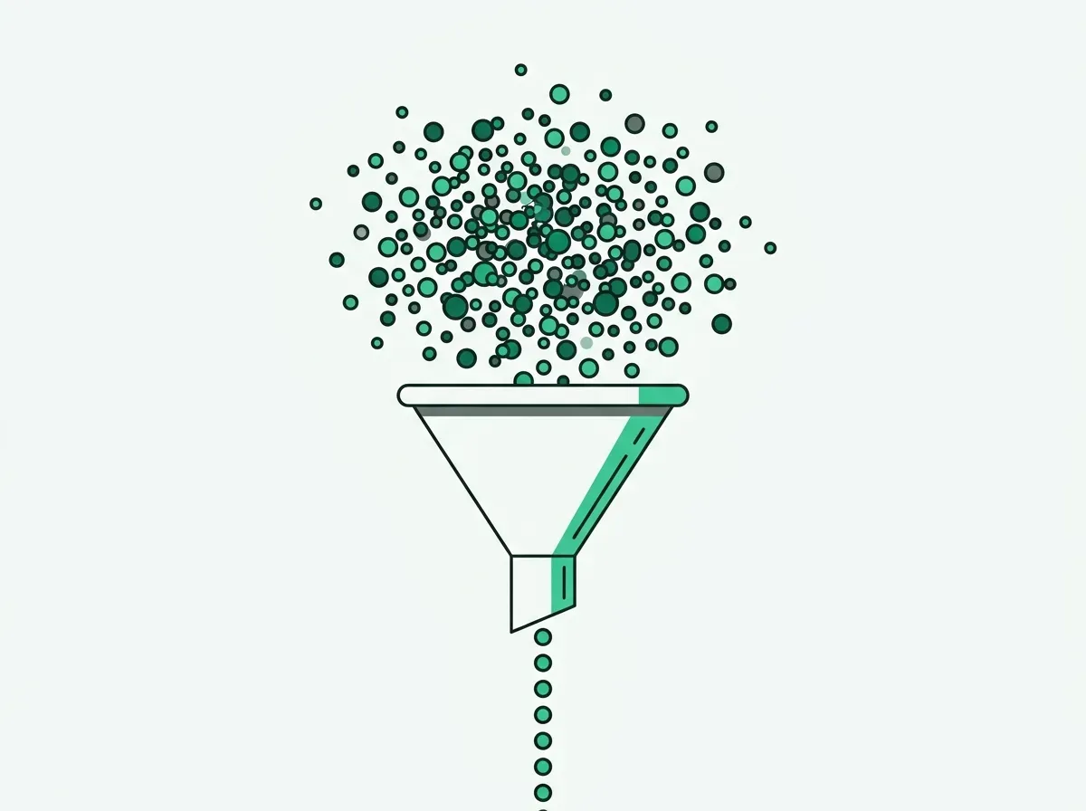 A funnel filters a chaotic cloud of dots into a single, orderly line, representing the isolation of a clear signal from noise.