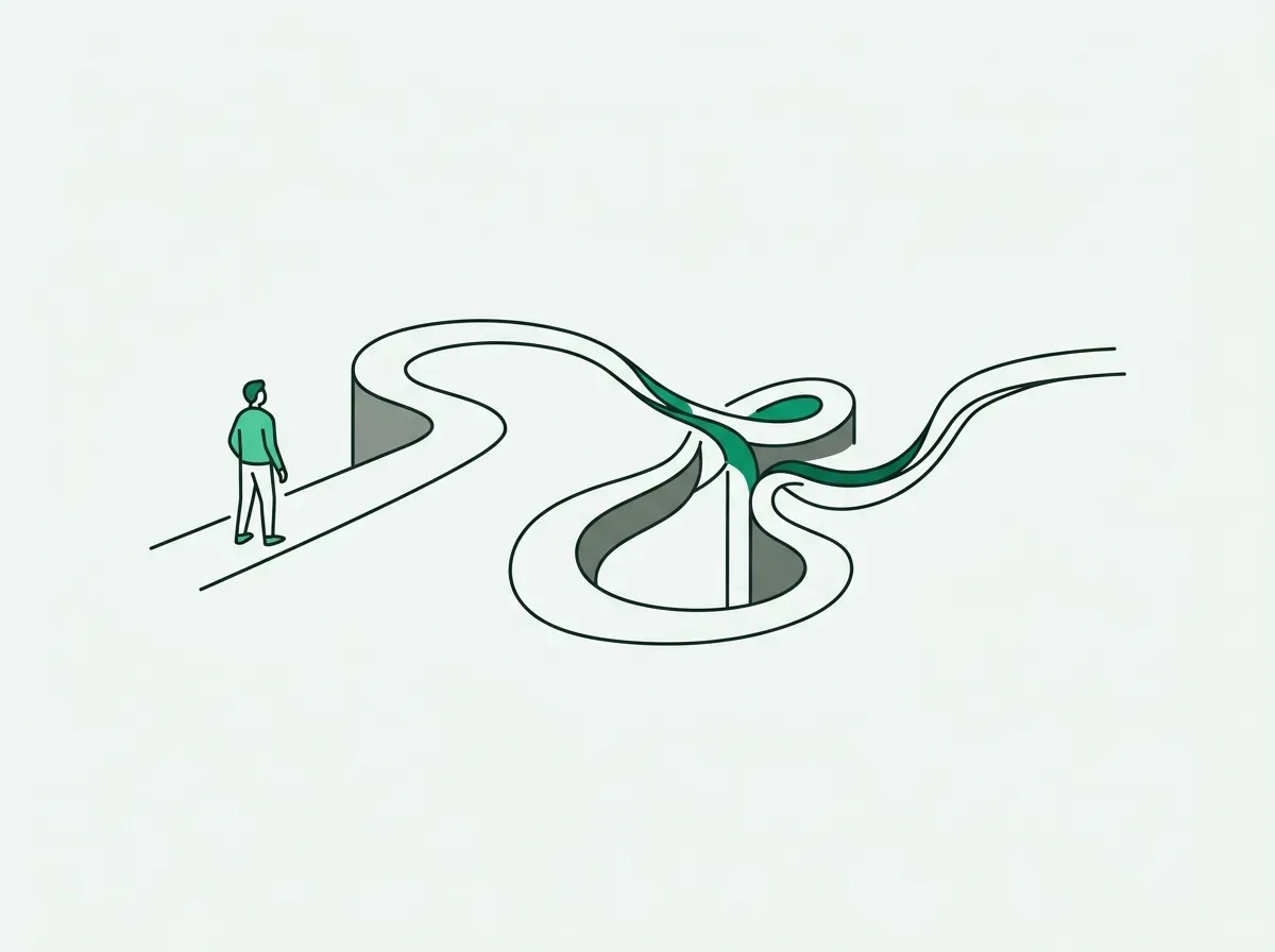 An illustration of a person at the start of a long, narrow, winding path, representing a linear bottleneck.