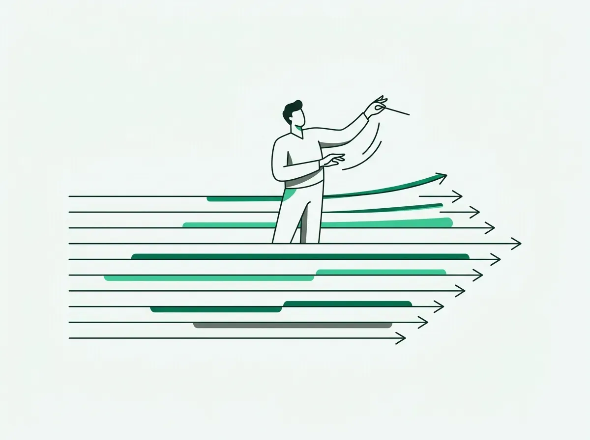 An illustration of a single figure overseeing ten parallel streams of work, representing parallel prospecting.